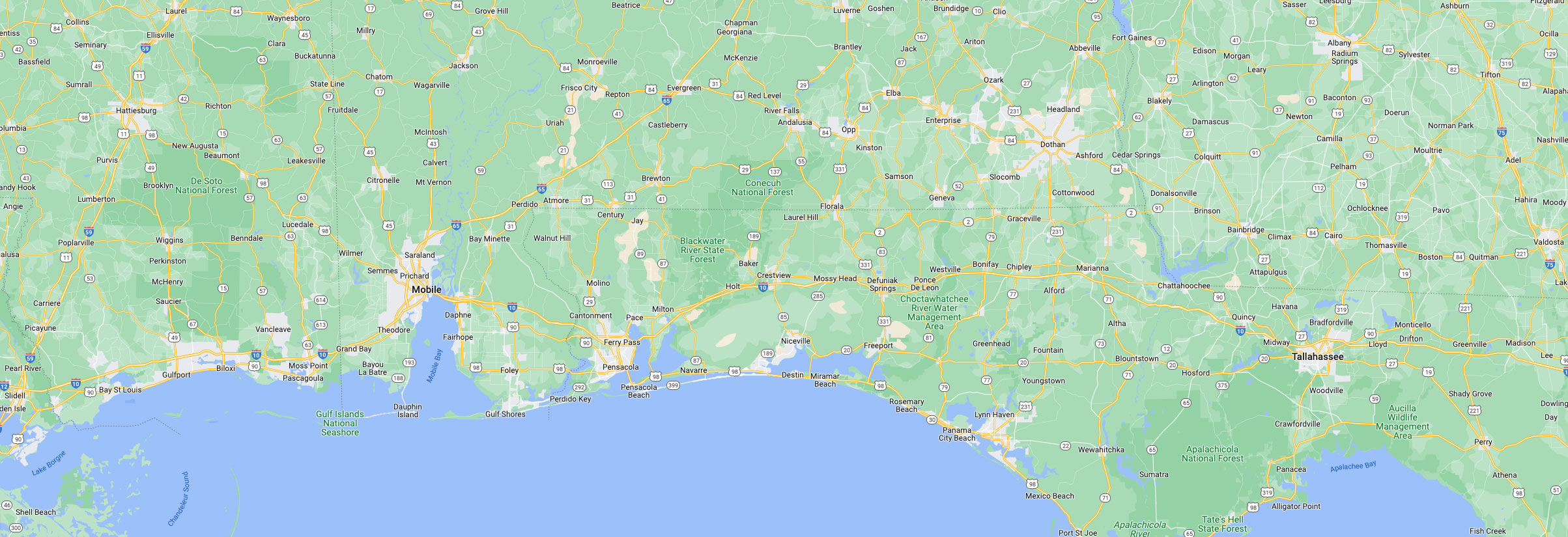 map of North Western Florida, Southern Alabama and Eastern Mississippi